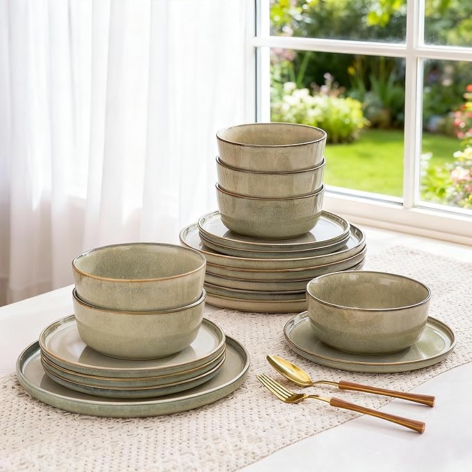 AmorArc Stoneware Dinnerware Sets for 4,Round Reactive Glaze Ceramics Plates and Bowls Set,Highly Scratch Resistant Dishware | Dishwasher & Microwave Safe Dishes Set,Service for 4 (12pc)