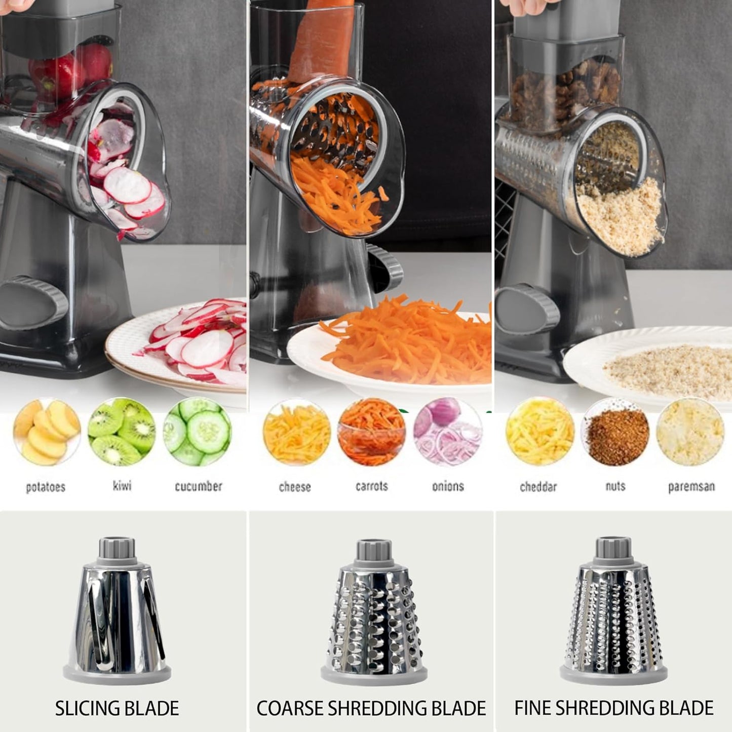 Cheese Grater Hand Crank Rotary Vegetables Shredder with Handle, 3-in-1 Graters with Interchangeable Blades and Strong Suction Base Multifunctional Slicer for Kitchen