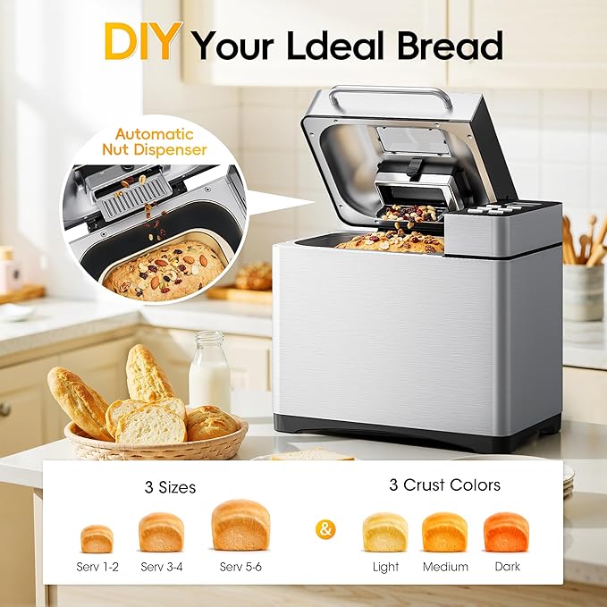 Manastin 2LB & 1.5LB Bread Maker Machine, 19-in-1 Automatic with 3 Crust Colors, 3-Step Beginner-Friendly Operation, Keep Warm, Programmable Delay Timer for Homemade Bread, Silver