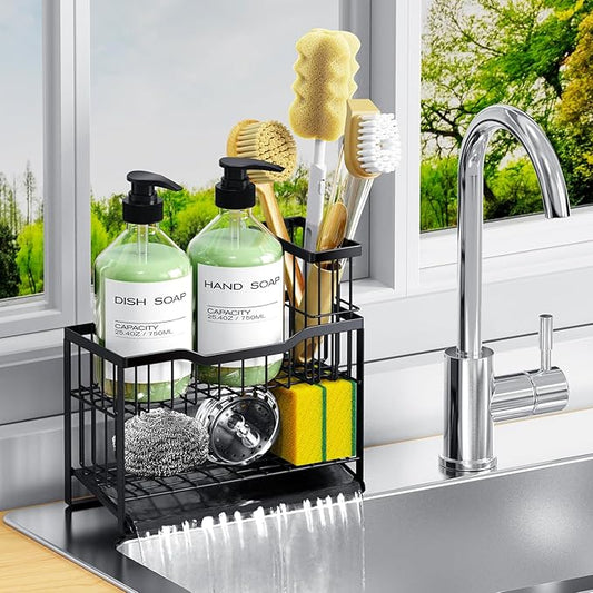 2-Tier Self-Draining Sponge Holder for Kitchen Sink - Rustproof Non-Slip Sink Caddy with Dish Brush Holder & Fits for Most Soap Dispensers - Black