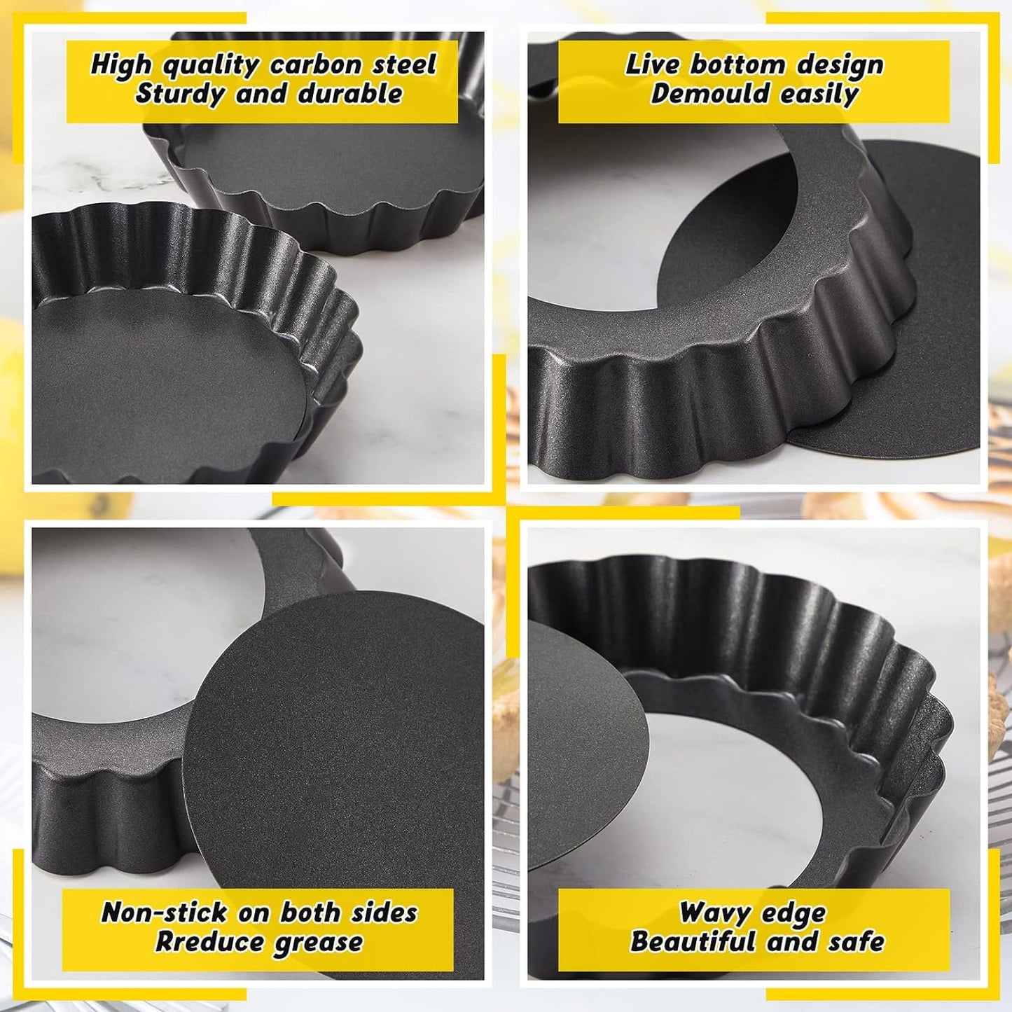 Tessco 16 Pieces Mini Tart Pans with Removable Bottom Nonstick Quiche Mini Pie Tart Pans Bakeware Mold Fluted Side for Pies(Black Round,5 Inch)