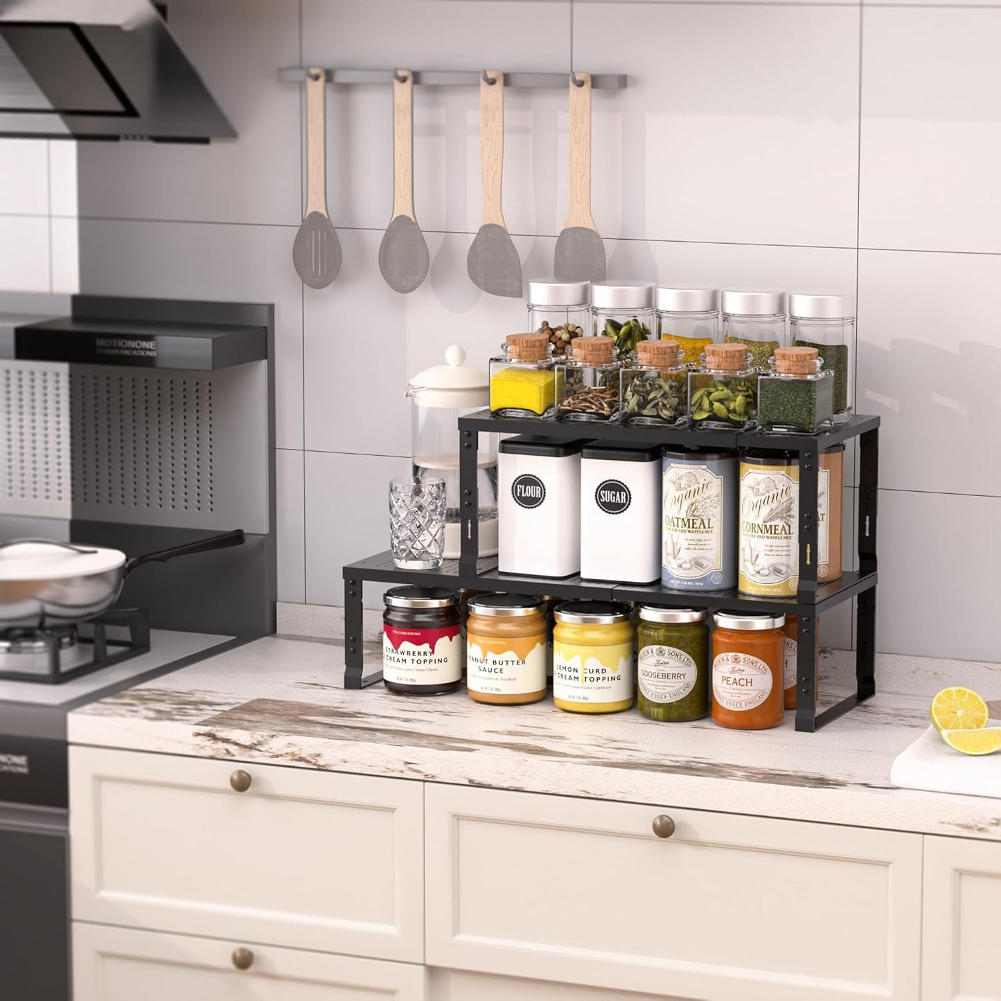 Heavy-Duty Adjustable Metal Shelf Organizer - Expandable & Stackable Pantry Storage Rack for Kitchen, Bathroom, RV, Cabinets(3 Packs/Black, Large)