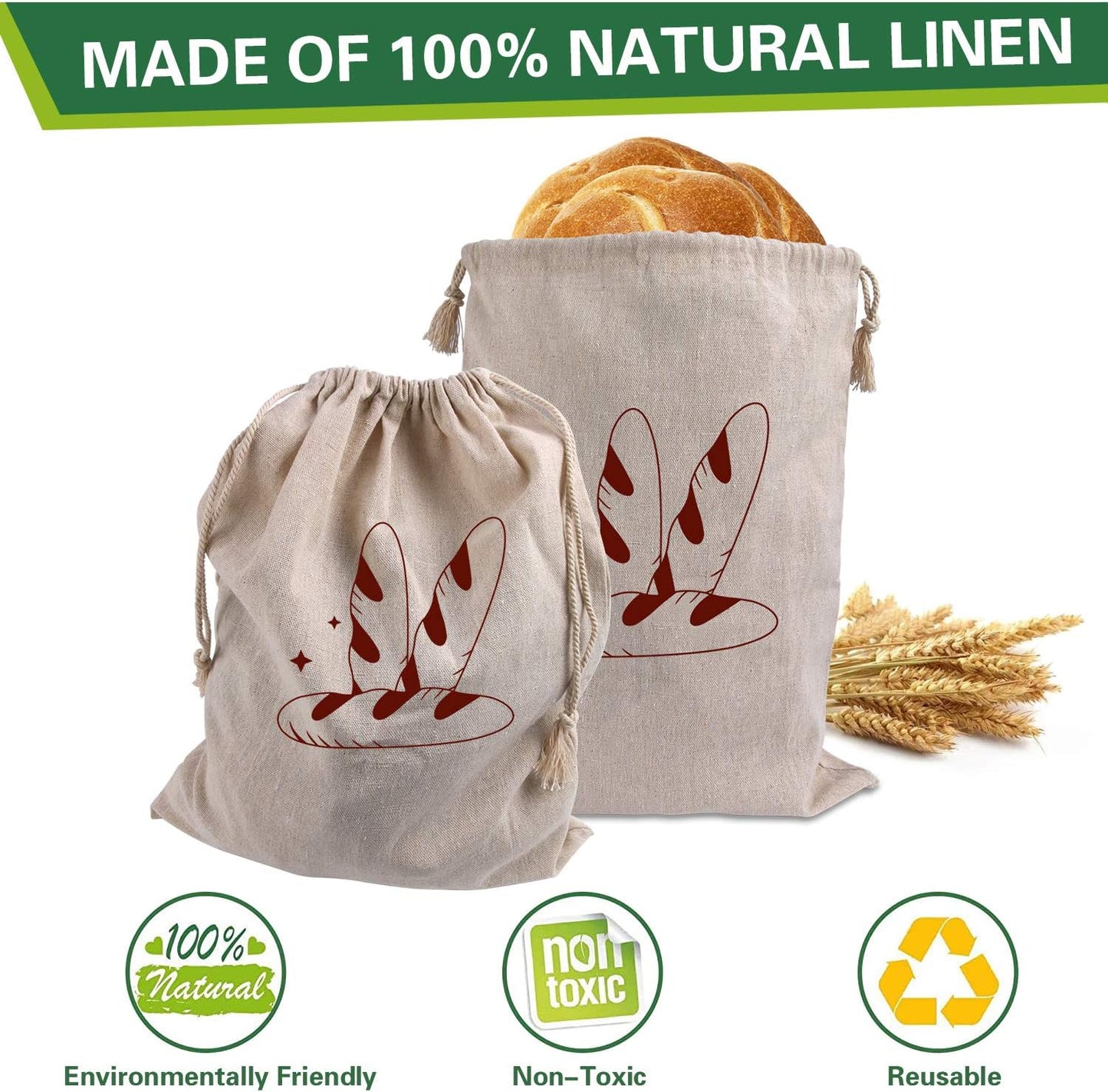 Augshy 4 Packs Linen Bread Bags for Homemade Bread, Unbleached, Reusable Bread Storage Bakery & Baguette