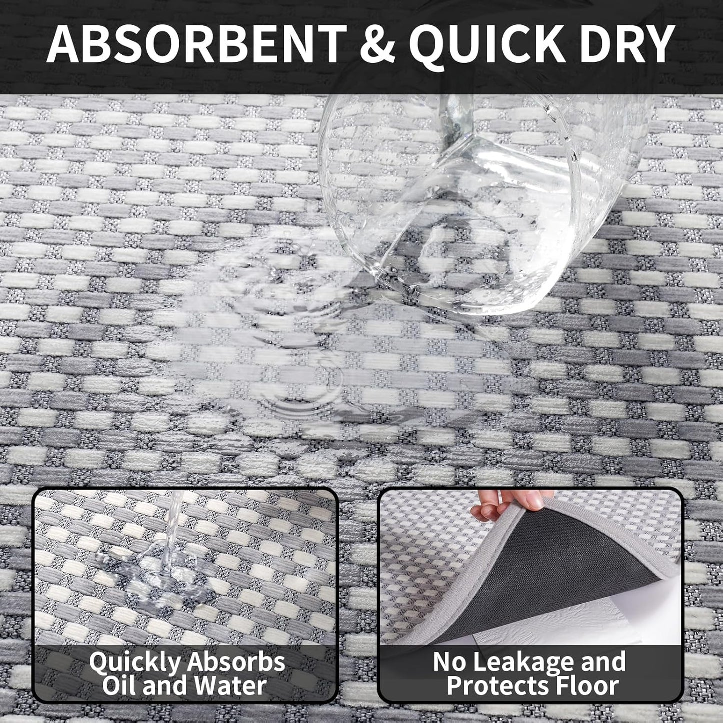 Kitchen Rugs Non Slip Washable, Rubber Backing Soft Chenille Braided Kitchen Mats for Floor, Super Absorbent Kitchen Runner Rug Standing Mat Sink Mat, Easy to Clean, Gray 17"x47"