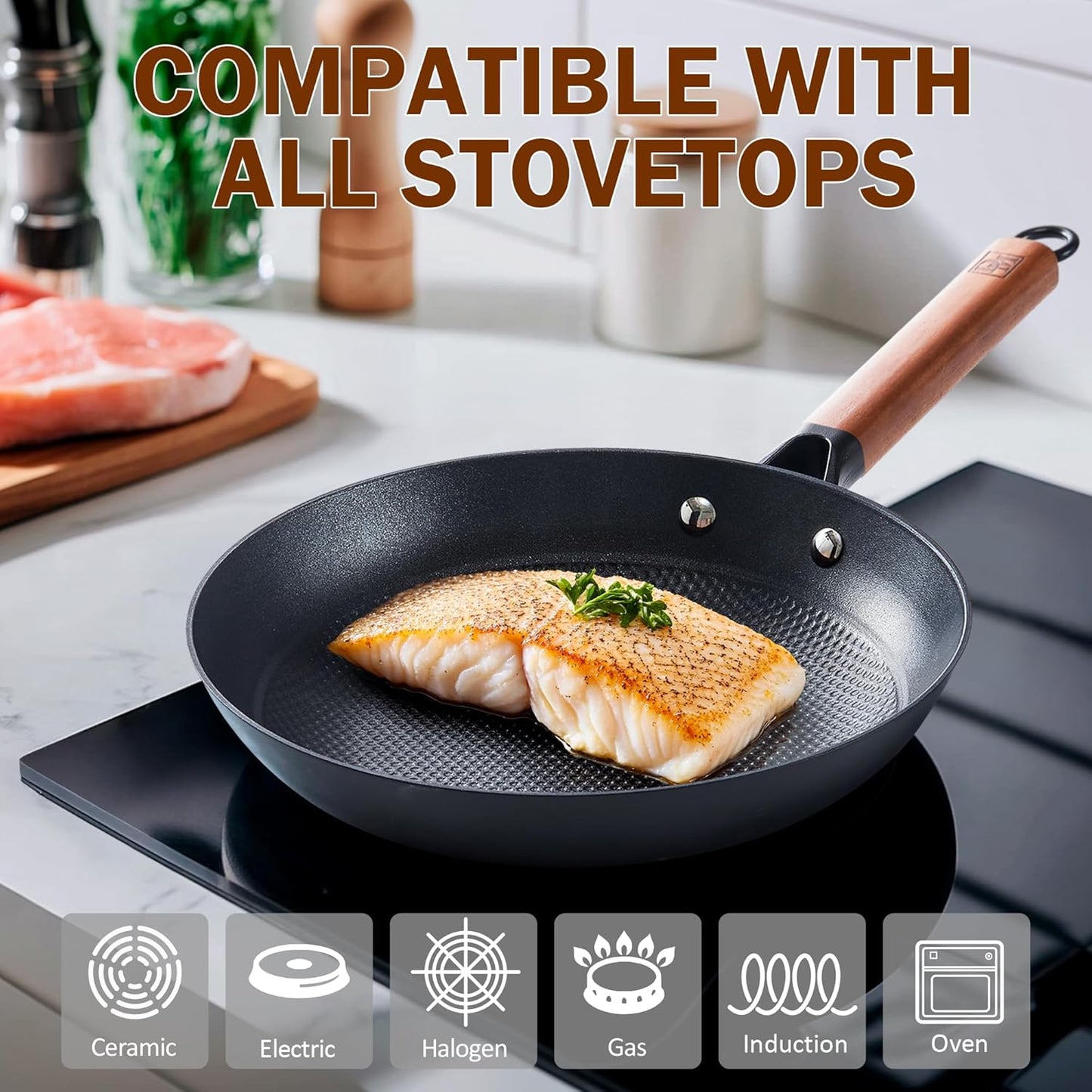 DM Cast Iron Skillet, 8 Inch Nonstick Frying Pan with Detachable Acacia Wooden Handle, Honeycomb Non stick Omelet Egg Pan, Easy Clean Oven Safe Pans for Cooking