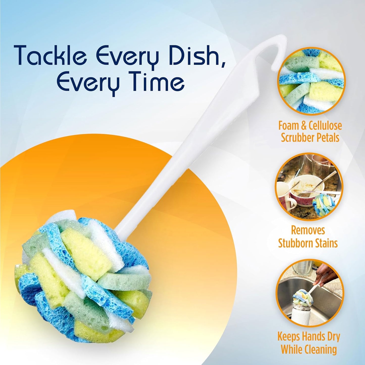 Compac Home Dish Wand Plus Cello, Foam & Scour Sponge Petals Brush and Clean Dishes, Pots, Bottles, & Glassware, 2 Count