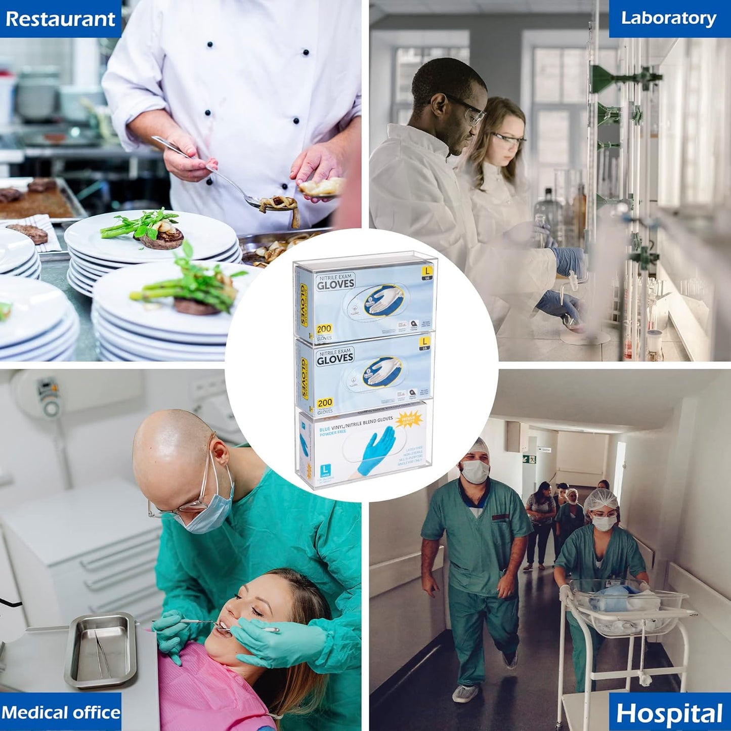 Glove Box Holder Dispenser Acrylic Triple Compartment Side Loaded Clear Rack Storage Organizer for Medical, Latex, Rubber, Nitrile, Exam, Disposable Glove Boxes Holder Standing or Wall Mount