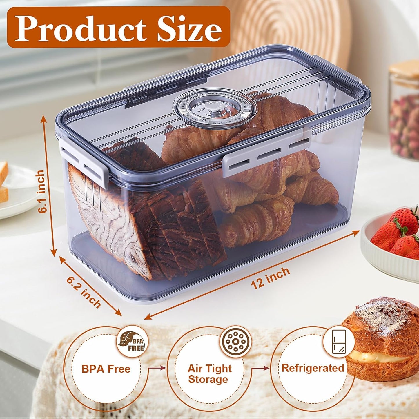 Bread Box for Homemade Bread Boxes for Kitchen Counter Airtight, Time Recording Bread Storage Container with Lid, Bread Containers Storage Airtight Loaf Bread Keeper, Grey