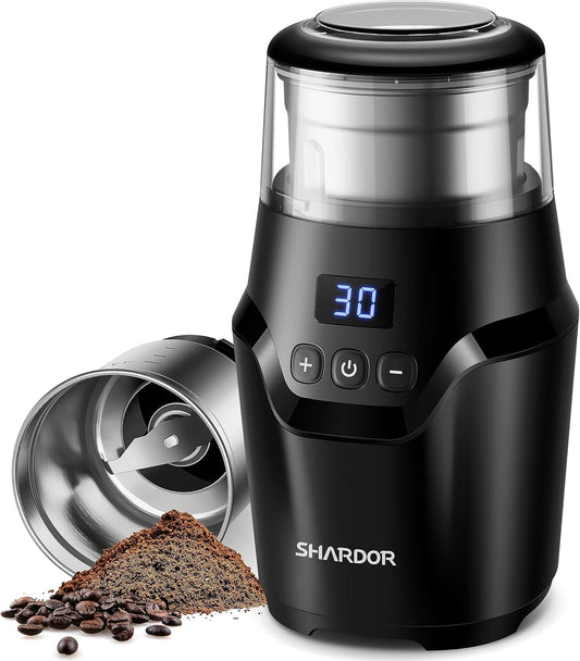 SHARDOR Adjustable Coffee Grinder Electric, Super Silent Electric Coffee Bean Grinder with Time-Memory Adjustment and Multi-Functional Stainless Steel Cup for Spices, Herbs, and Nuts Grinding, Gray