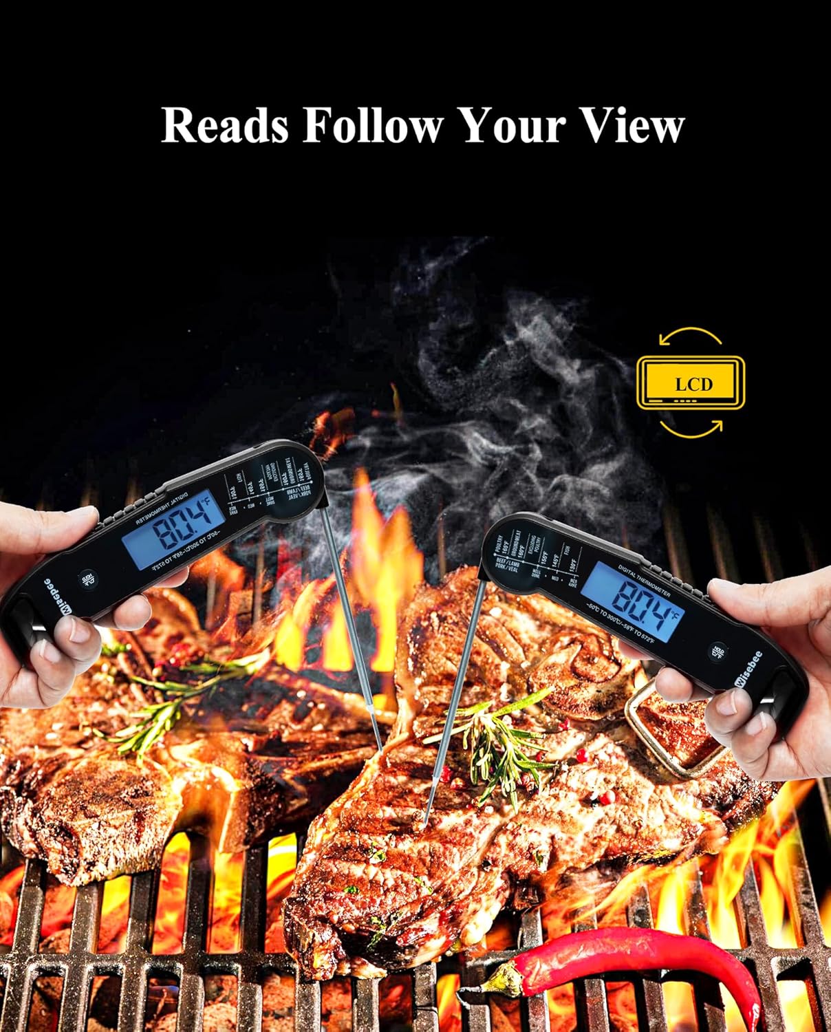 Wisebee Meat Thermometer Digital, 0.5 Sec Instant Read Waterproof Food Thermometer with 180°Auto-Rotate Backlit Display | Anti-Slip Handle | Magnetic Back | Hold Function for Cooking, Black