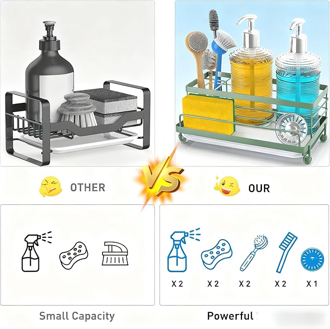 Cisily Sage Green Sponge Holder for Kitchen, Sink Caddy Sink Organizer Rack for Kitchen Accessories with Drip Tray, Rustproof and Non-slip, Soap Dispenser Countertop Organizer Essentials for New Home