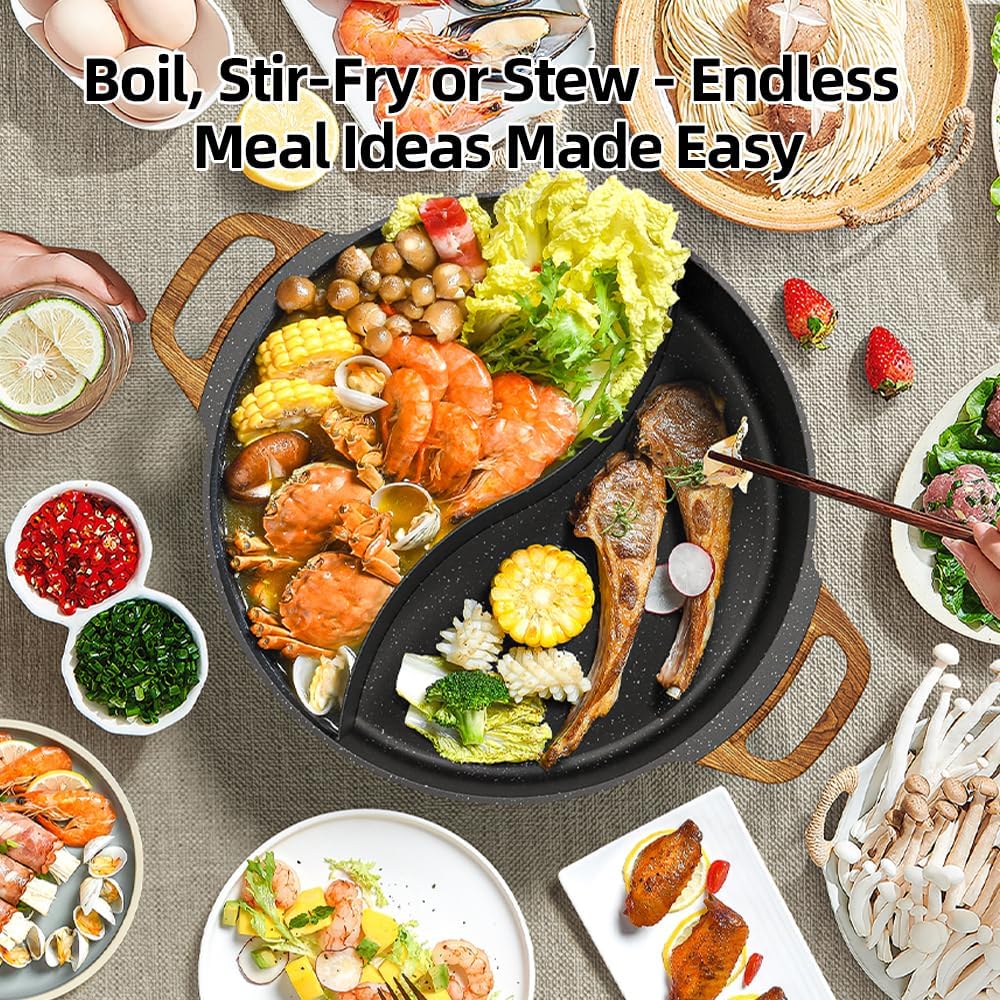 AORAN Electric Hot Pot with Divider, 1350W 8L Nonstick Smokeless Cooker for Shabu Shabu & Fondue, Multi-Function Cookware with Soup Ladle, Strainer, Includes Tongs - Easy to Clean, Black