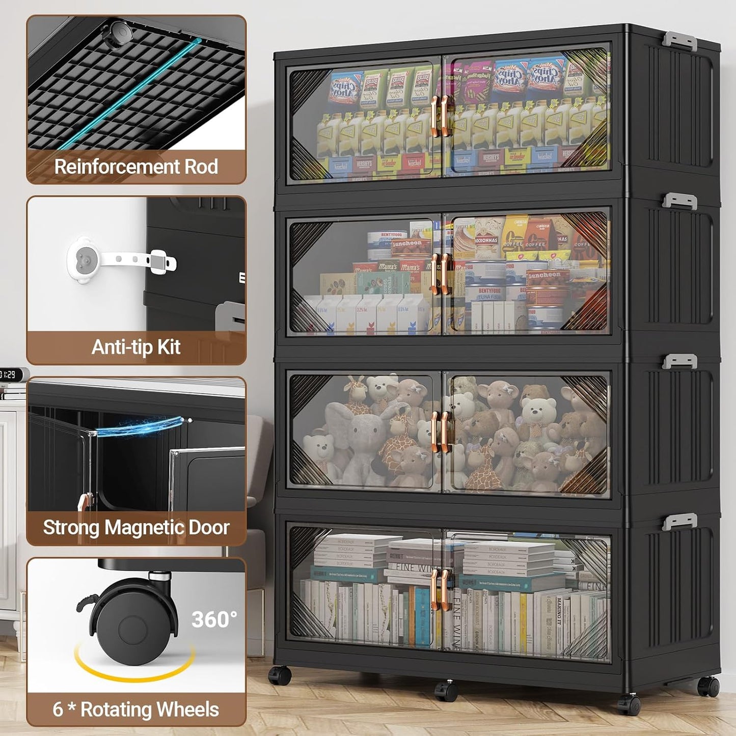 275Gal Plastic Stackable Storage Bins with Lid, 1100QT Extra Large Closet Organizers Collapsible Cabinets Boxes With Drawers, Foldable Containers with 6x Wheels for Home Kitchen, V60 5Pack Black