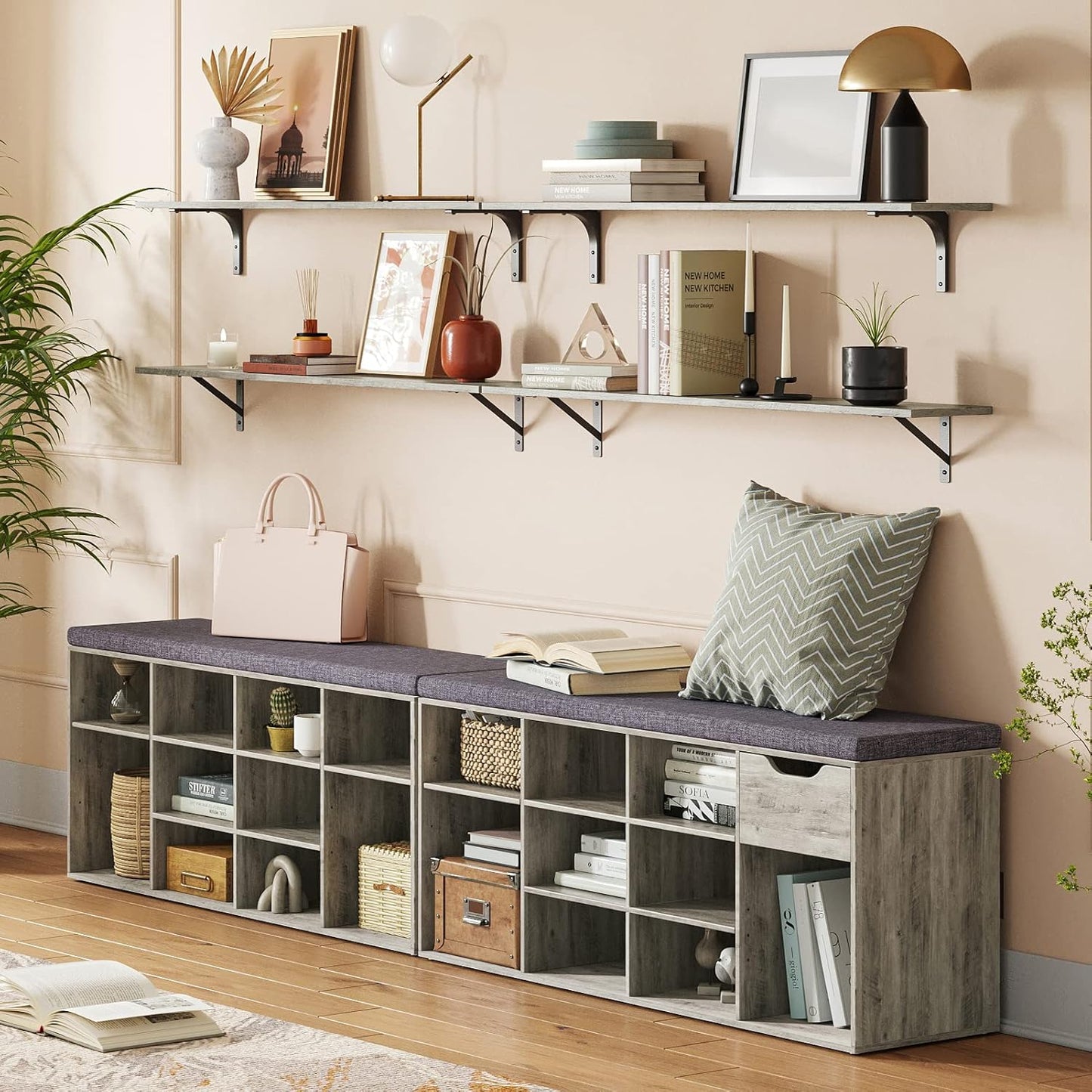 DINZI LVJ Long Wall Shelves, 39.4Inch Wall Mounted Shelves Set of 2, Easy-to-Install, Wall Storage Ledges with Sturdy Metal Brackets for Living Room, Bathroom, Bedroom, Kitchen, Grey Wash