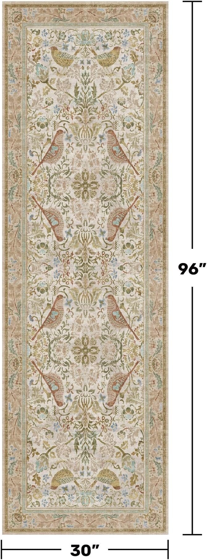 2'6"x8' Long Hallway Runner Rug - Vintage Botanical Wide Runners for Kitchen Bedroom Hall Way, Washable Non Slip with Rubber Backing, Beige Floral Décor