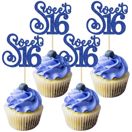 Gyufise 24 Pack 16th Birthday Cupcake Toppers Glitter Sixteen Happy Sweet 16 Cupcake Picks Cheers to 16 Years Old Cupcake Decorations for 16th Birthday Anniversary Party Cake Decorations Supplies Blue