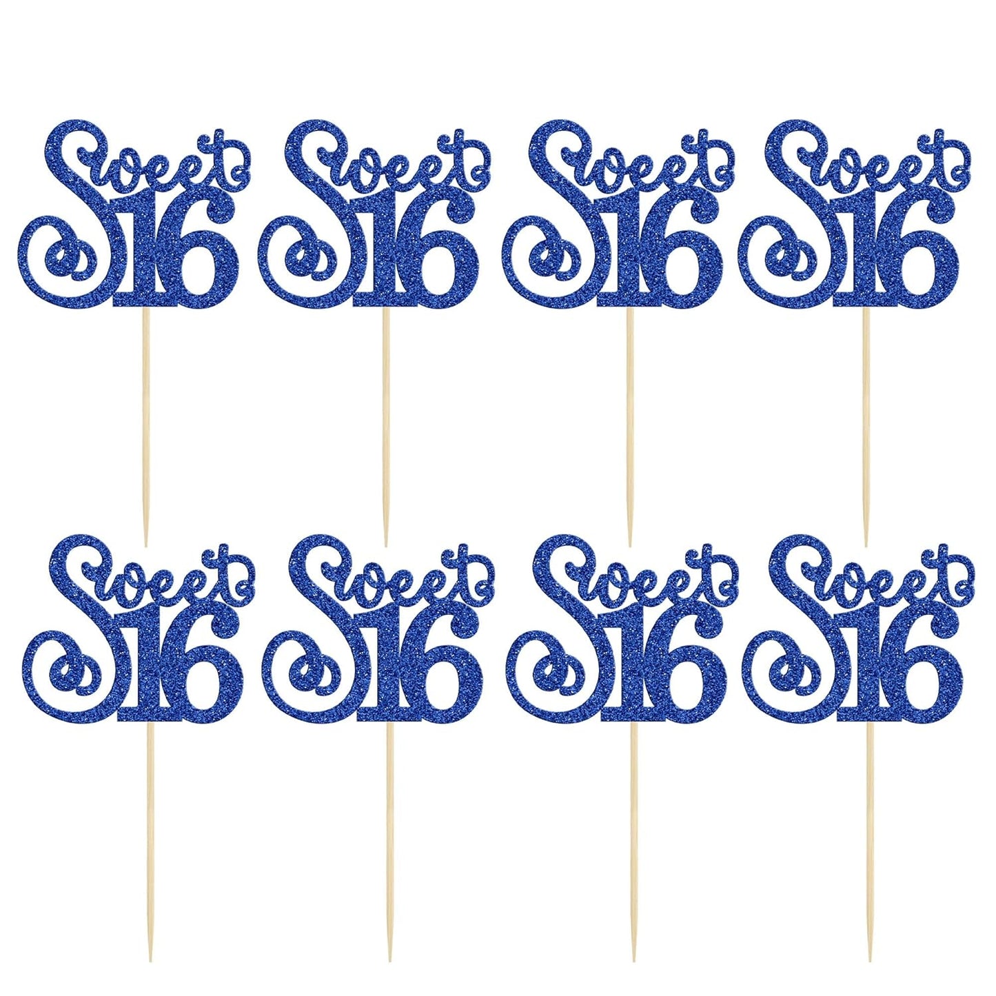 Gyufise 24 Pack 16th Birthday Cupcake Toppers Glitter Sixteen Happy Sweet 16 Cupcake Picks Cheers to 16 Years Old Cupcake Decorations for 16th Birthday Anniversary Party Cake Decorations Supplies Blue