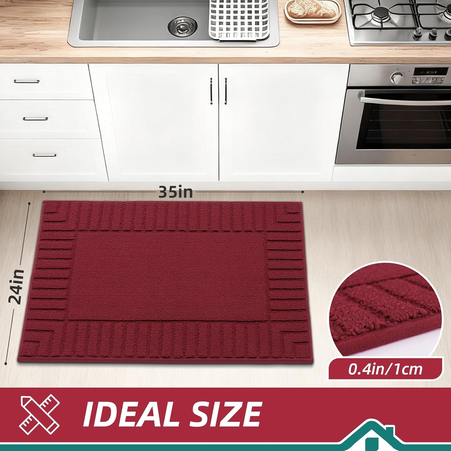 BEQHAUSE-Kitchen-Rugs-and-Mats Non Skid Washable Kitchen Mats for Floor Red Kitchen Rug Polypropylene Kitchen Mat with TPR Backing 24”x35”