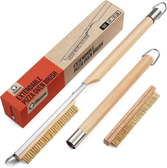 Chef Pomodoro Pizza Oven Brush with Scraper - Adjustable Handle (55cm to 87.7cm), Pizza Stone Brush, Pizza Oven Cleaning Brush, Outdoor Pizza Oven Accessories for Pizza Stones, BBQ Grill, and Ovens