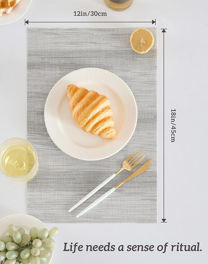 Leetaltree Lightsteel Black Placemats Set of 12 - Heat Resistant Non-Slip Place mats for Dining Table, Washable Durable PVC Vinyl Woven Table Mats (Lightsteel Black, 12)