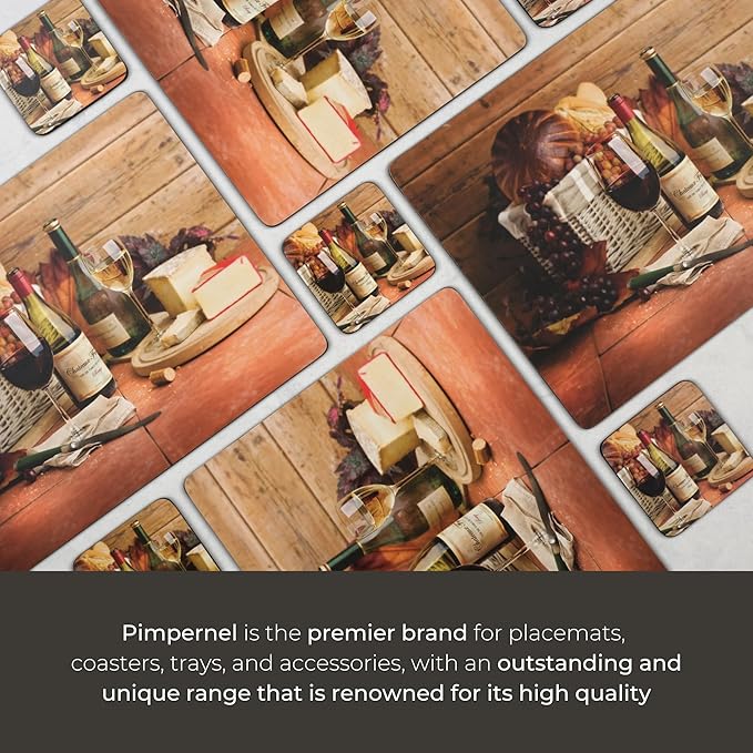 Pimpernel Artisanal Collection Coasters, Set of 4 – 4" Square 5mm Cork-Backed Drink Mats with Cheese & Grapes Art Print, Heat & Stain Resistant Lacquered Board for Dining Table Protection