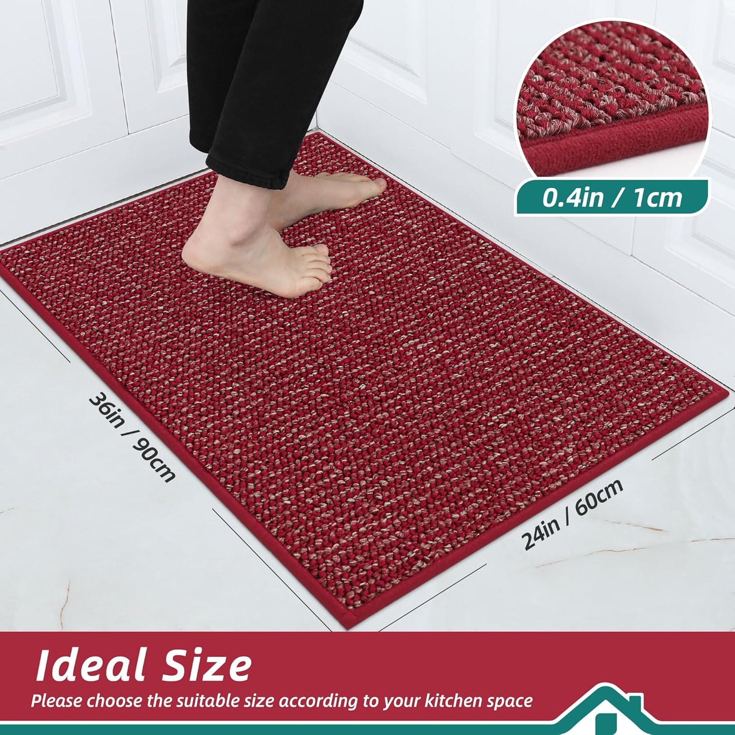 BEQHAUSE Kitchen Rugs 24"x36", Non-Slip Kitchen Mats for Floor, Super Absorbent and Stain Resistant Kitchen Rugs, Machine Washable Rugs for Kitchen, Hallway, Laundry & Sink, Red