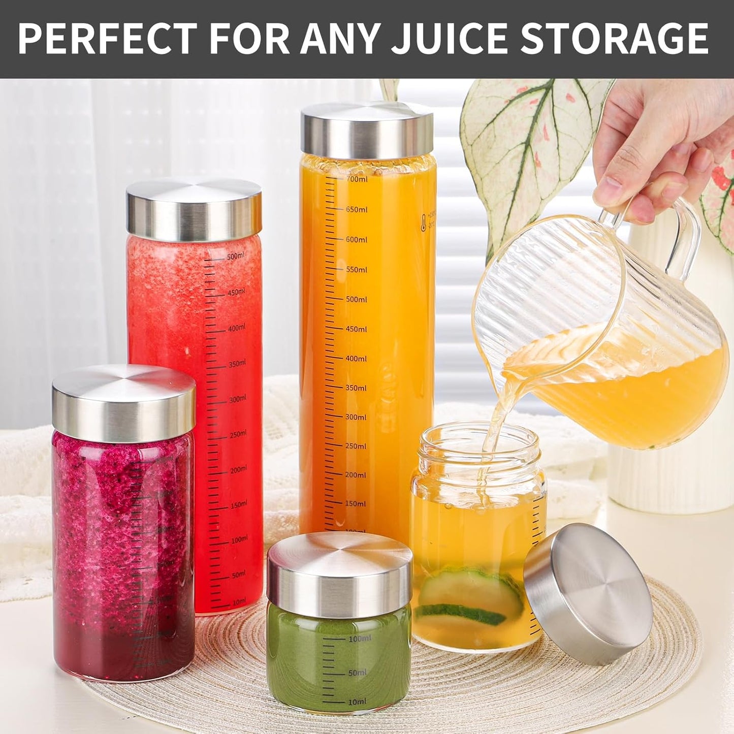 4 Oz Glass Bottles, 4 Pack Glass Jar with Lid, BPA Free, Borosilicate Glass, Stainless Steel Lids for Juicing, Smoothies, Infused Water, Beverage Storage