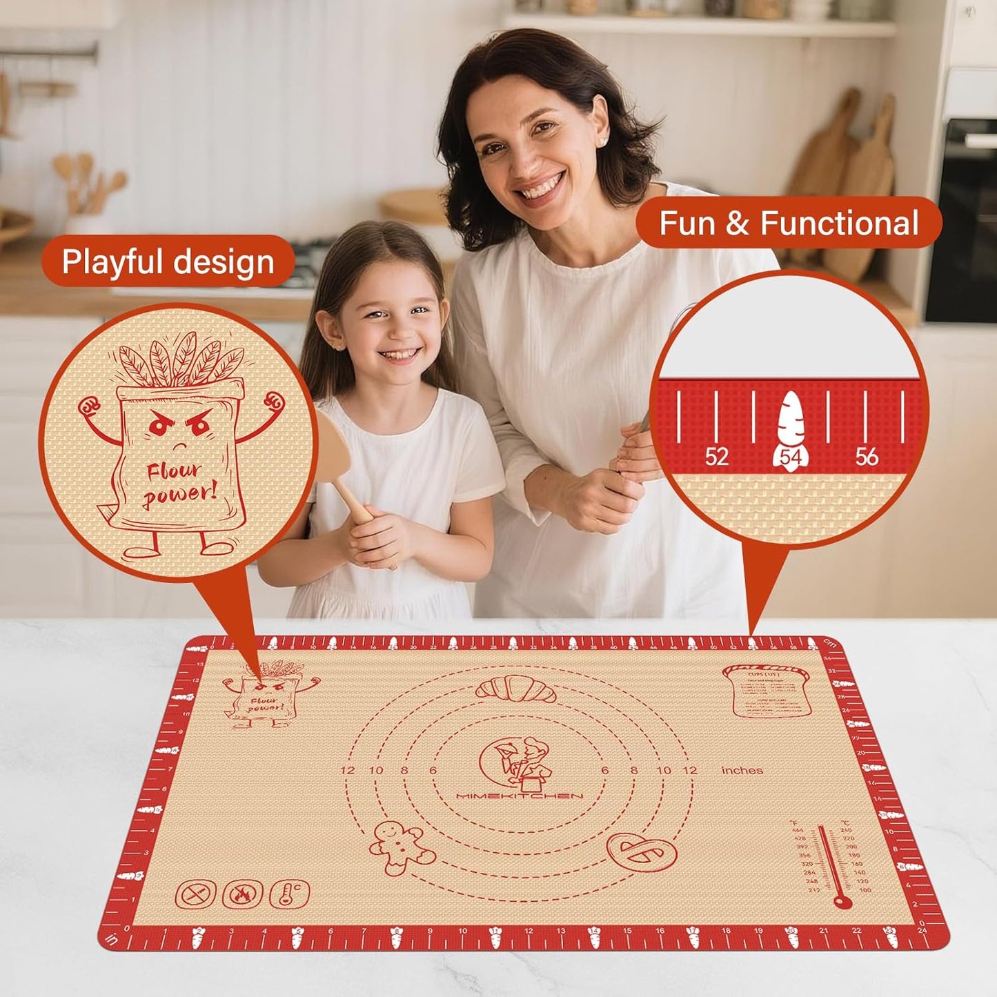Non-Slip Silicone Baking Mat - 20x28 inch Extra Thick Pastry Mat with Measurements for Sourdough, Macarons, Bread, Pizza, Dough Rolling, Kneading, Oven Mat Heat Resistant to 480°F Gift for Baker