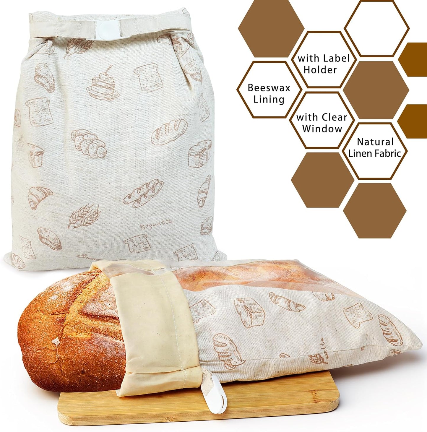 Reusable Beeswax Bread Bags for Homemade Sourdough with Clear Window, Linen Waxed Storage Containers,Eco-Friendly, Freezer-Safe, Sourdough Accessories (2-Pack)