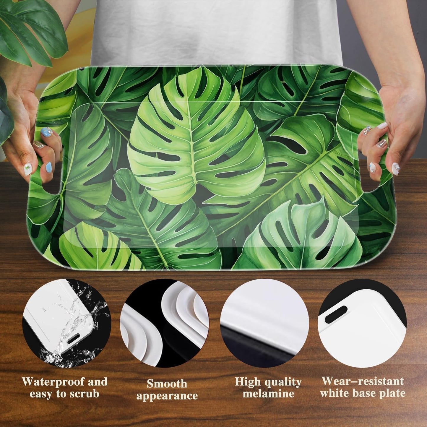 Serving Trays with Handles, 14.5 x 9.8 inch Rectangular Plastic Tray for Restaurant, Kitchen, Tropical Leaf Pattern Monstera in The Style