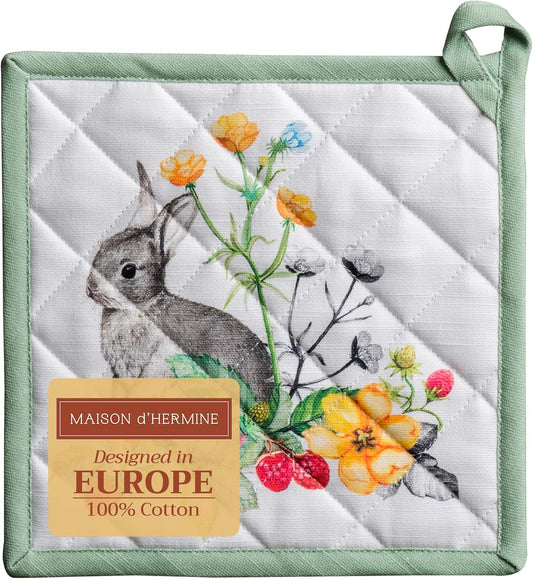 Maison d' Hermine Pot Holders 100% Cotton Heat Resistant Potholders 8" x 8" Hot Pads with Loop BBQ, Cooking, Baking, Grilling, Kitchen, Handling Hot Pans Spring/Summer (Pack of 1, Printemps)