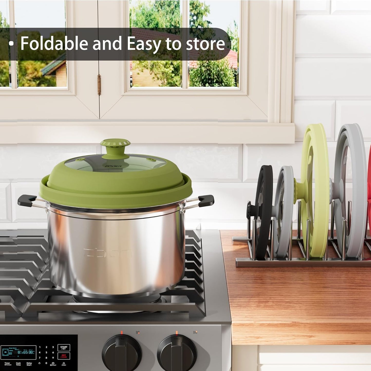 Collapsible Microwave Splatter Cover - Vented Silicone & Glass Lid with Easy-Grip Handle, Fits 6 to 8 Inch Plates & Bowls, 9 Inch Diameter, Prevents Splatters & Ensures Even Heating