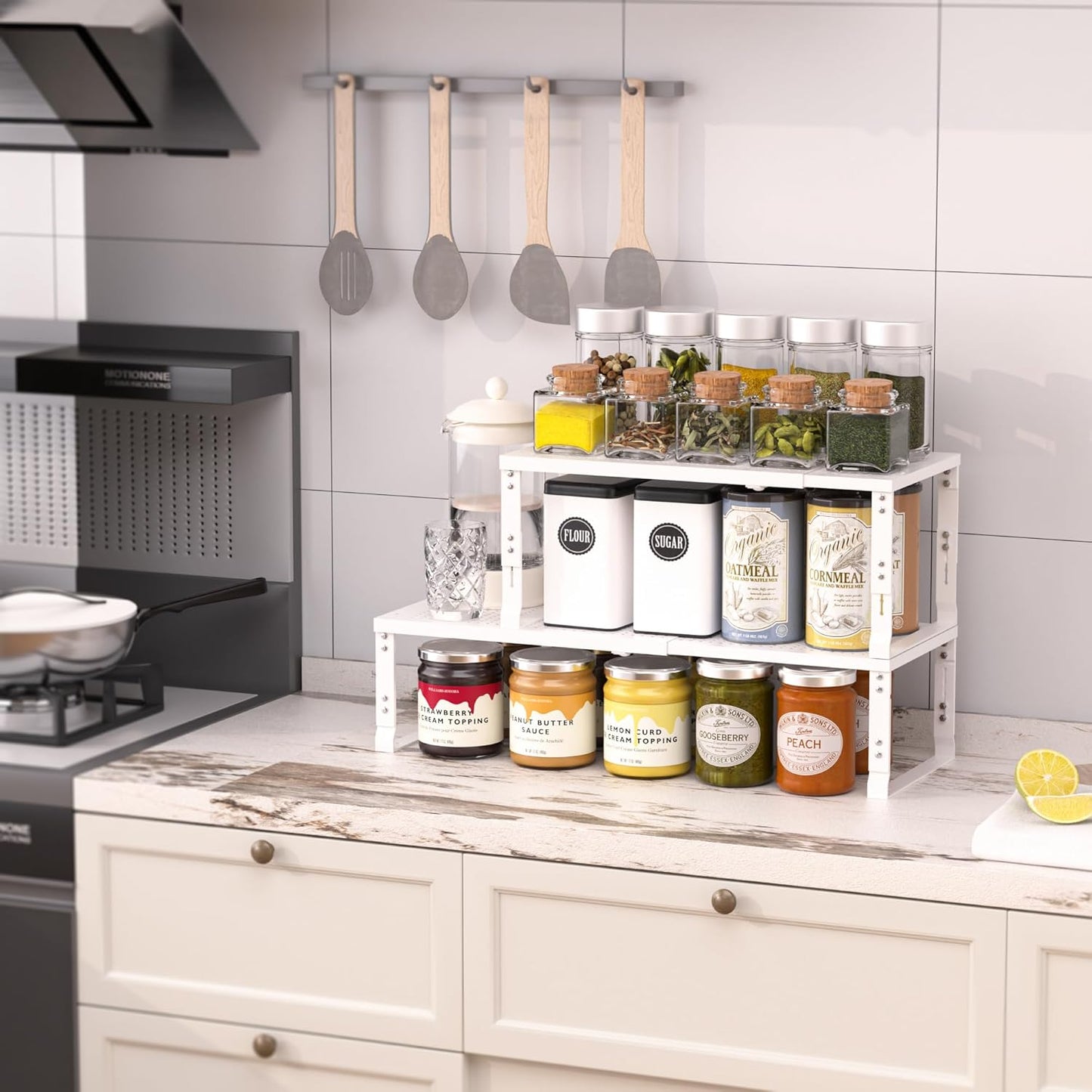 Heavy-Duty Adjustable Metal Shelf Organizer - Expandable & Stackable Pantry Storage Rack for Kitchen, Bathroom, RV, Cabinets(1 Pack/White, Medium)