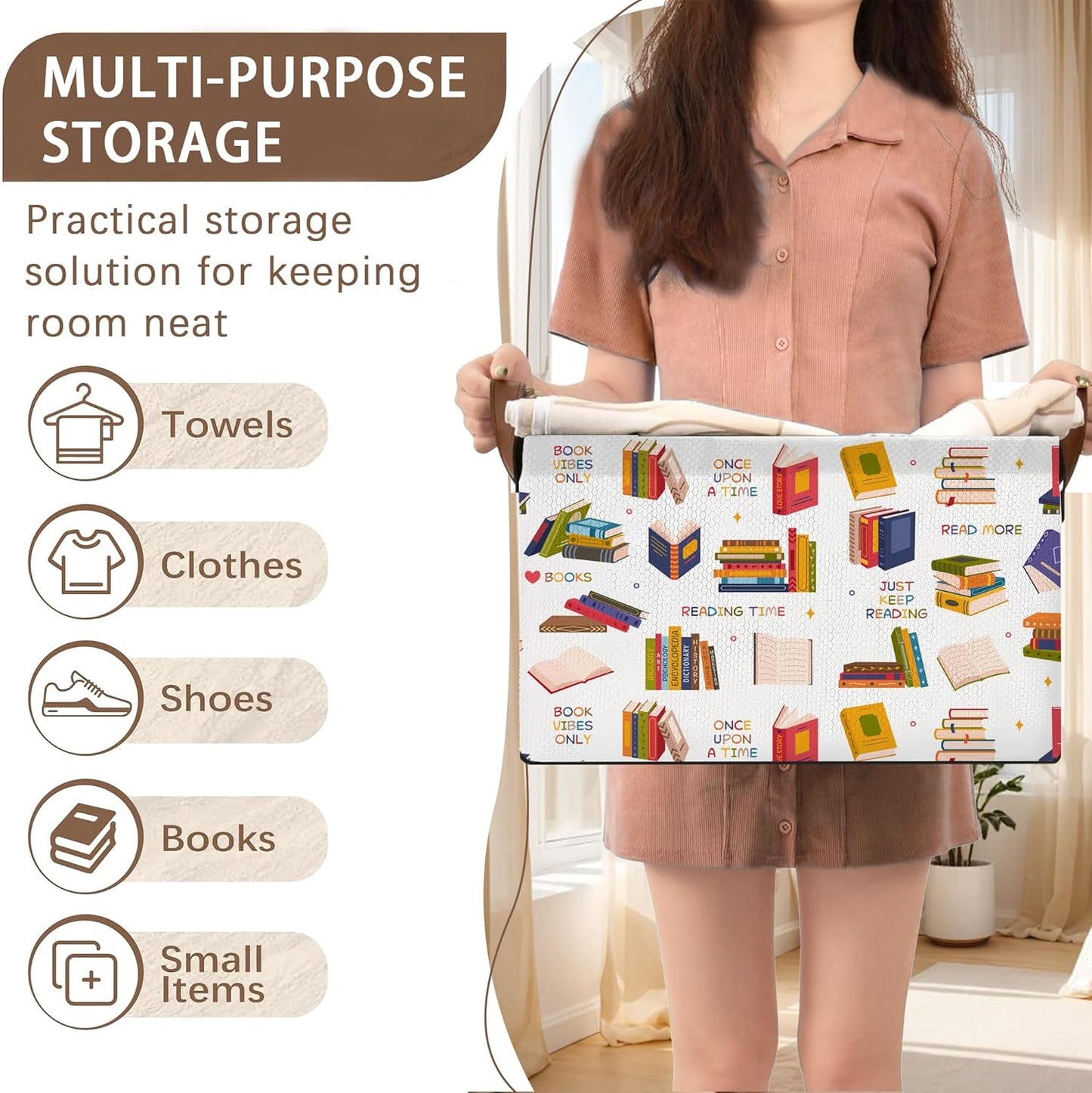 Book Lover Storage Basket Large 17x11.5x10.5 Inche-Collapsible Fabric Organizer Bin with Handles for Library, Reading Nook, Office-Foldable Decorative Hamper with Classic Book Spine Design-Single Pack