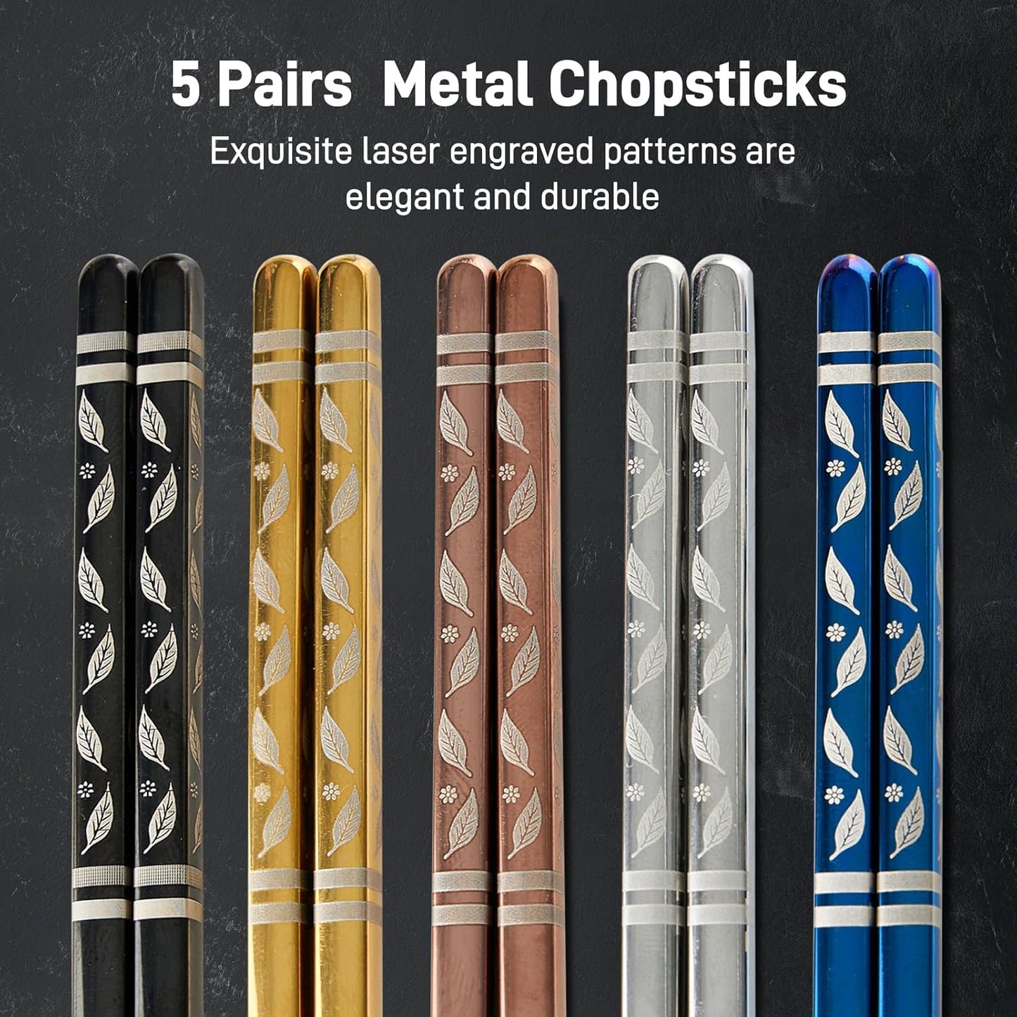 Metal Chopsticks Reusable 5 Pairs Stainless Steel Chopsticks Japanese Chinese Korean Metal Chop Sticks Dishwasher Safe Non Slip Cute Laser Engraved 9.25 Inch for Cooking Eating Gift Set