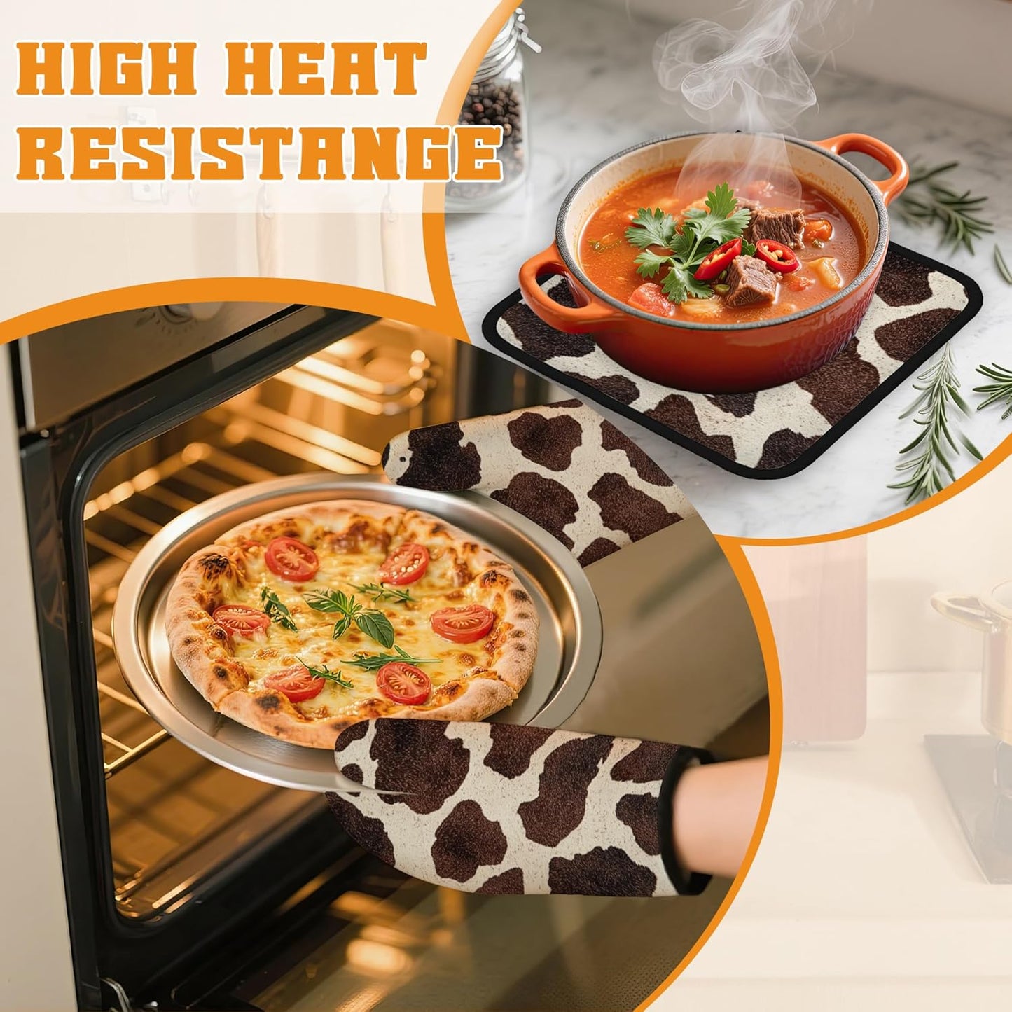 Brown Cowhide Oven Mitts and Pot Holders,Cow Skin Heat Resistant Oven Mitts Gloves and Pot Holder for Home Kitchen Decorations Cooking Baking BBQ Gifts,Set of 4