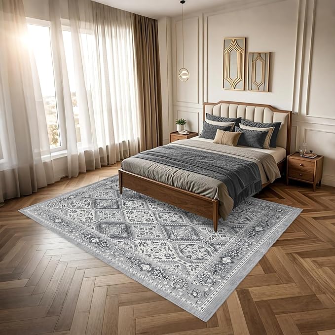 Area Rug for Living Room - Indoor Machine Washable Vintage Rugs for Bedroom Dinning Room Floor - Soft Low-Pile Carpet Non-Slip Backing Floral Rugs for Office (Grey, 5' × 7')