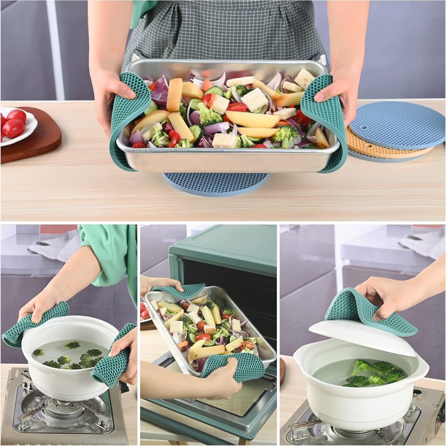 Trivets for Hot Dishes, Siicone Trivet Mat Hot Pads for Kitchen Tabletop, Round Silicone Pot Holders Mat, Trivets for Pots and Pans, Trivet for Quartz Countertops Mats Set 4 Light Gray