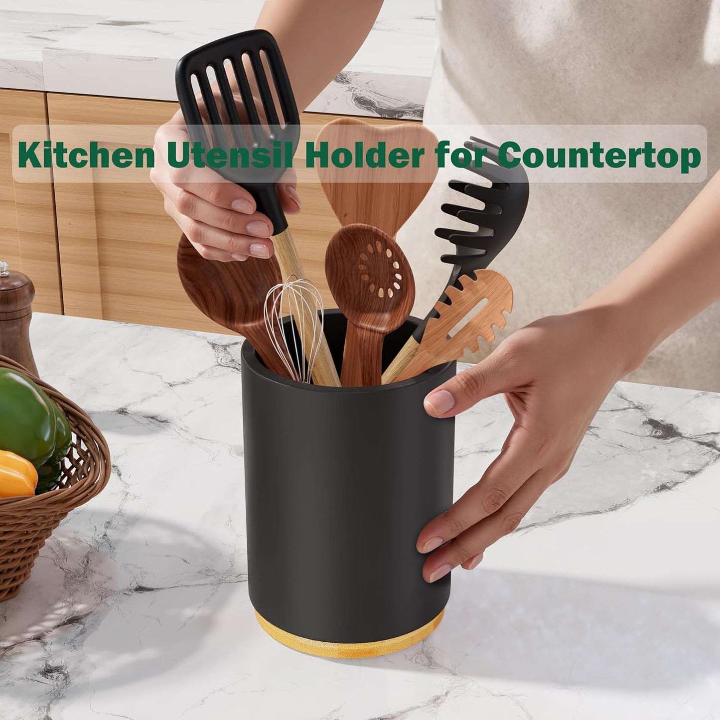 Black Utensil Holder Wood Kitchen Utensil Holder for Countertop, 360°Rotating Cooking Utensil Crock for Counter, 7.2" Large Utensil Organizer for Spatula Kitchen Decor