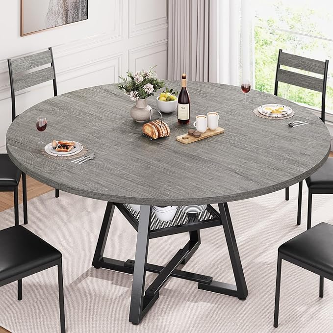 51" Round Dining Table for 6,Kitchen Dining Room Circle Dinner Pedestal Table,Space Saving Wood Kitchen & Dining Room Furniture (Grey, 51In)