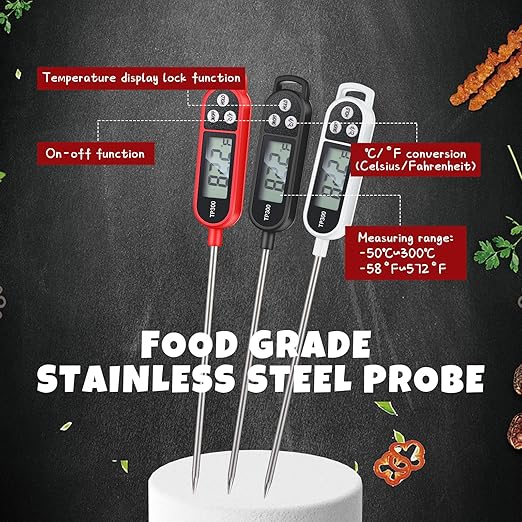 12 Pcs Instant Read Meat Thermometer with Long Probe 9.65 Inch Kitchen Cooking Food Candy Waterproof Digital Thermometer for BBQ Water Milk Yogurt Liquid Cooking (Black,White,Red)