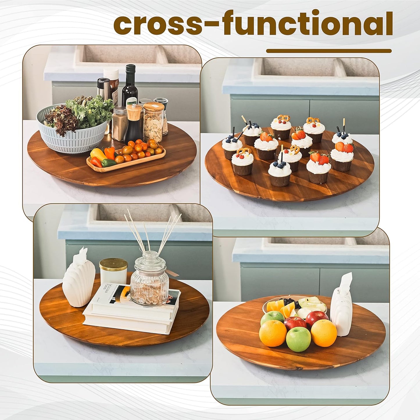 21" Acacia Wood Lazy Susan for Table Top - Wooden Turntable Serving Tray for Charcuterie Boards Cheese Board - Extra Large Round Lazy Susan Organizer - Kitchen Revolution for Countertop