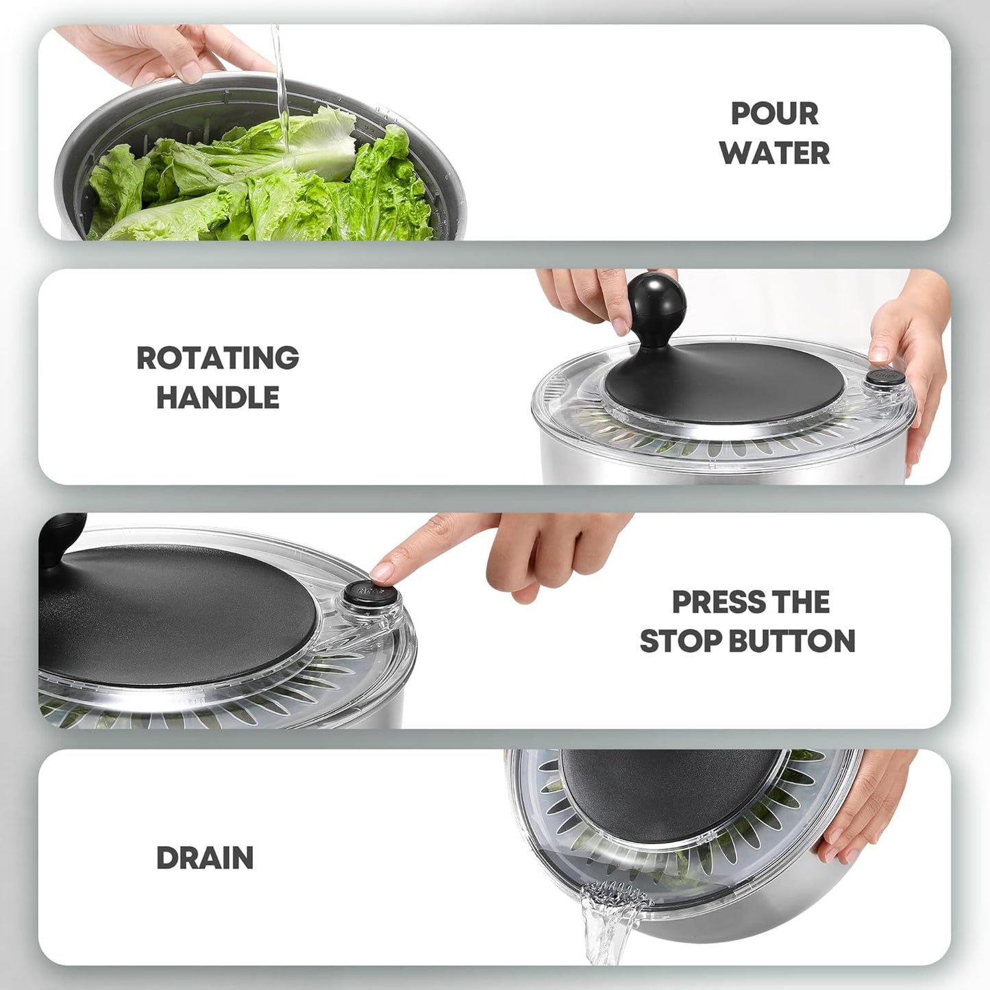 5.3Qt Stainless Steel Salad Spinner with Stop Button, BPA-Free Vegetable Lettuce Spinner, Transparent Lid & Drainage Hole, Non-Slip Base, Dishwasher Safe Fruit Washer
