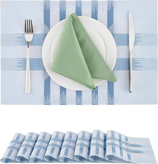 Leetaltree Geometric Print Blue Placemats Set of 8 - Heat Resistant Non-Slip Place mats for Dining Table, Washable Durable PVC Vinyl Woven Table Mats (Geometric Blue, 8)