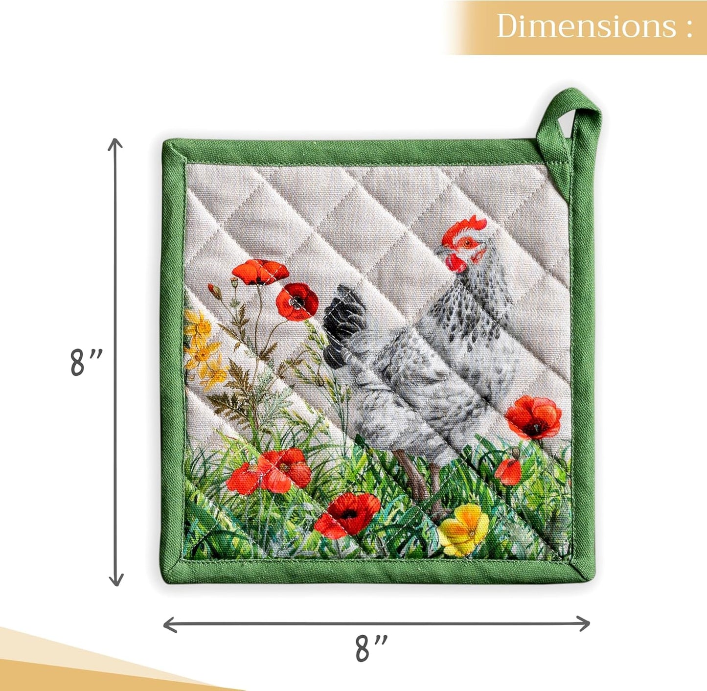 Maison d' Hermine Pot Holders 100% Cotton Heat Resistant Potholders 8" x 8" Hot Pads with Loop BBQ, Cooking, Baking, Grilling, Kitchen, Handling Hot Pans Spring/Summer (Pack of 1, Basse Cour)