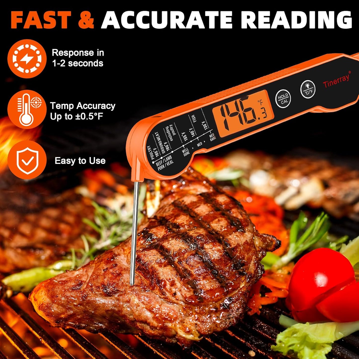 Digital Meat Thermometer Instant Read - Ultra Fast 1s Reading, Waterproof with Backlight & Motion Sensor for BBQ, Grilling, Smoker, Candy, Oil (Orange)