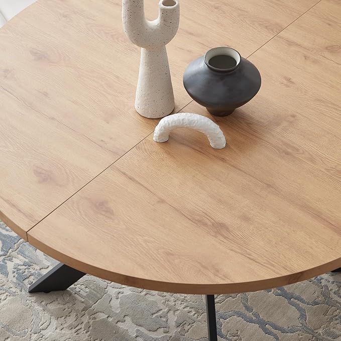 46.4" Round Dining Table Set, Mid Century Modern Round Dining Table for 4-6 Person, w/Steel Legs, Coffee Table for Kitchen Dining Room, Office, Save Space (1 Table with 4 Brown Chairs)