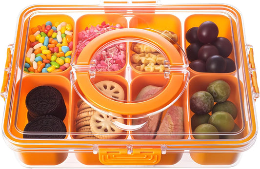 Divided Serving Tray with Lid and Handle - Snackle Box Charcuterie Container for Portable Snack Platters Organizer for Candy, Fruits, Nuts, Snacks - Perfect for Party, Entertaining, Orange