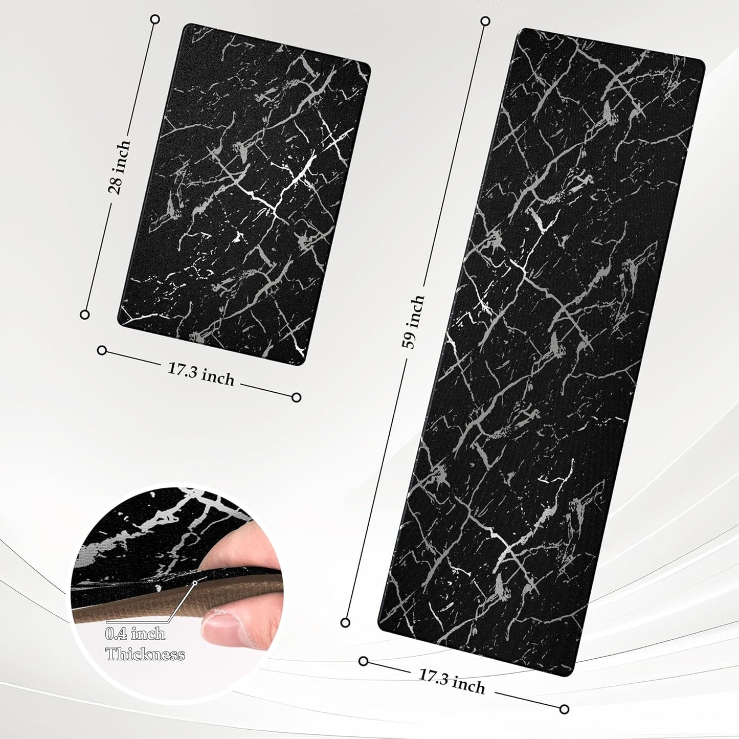 Silver Foil Stamped Marble Kitchen Mats for Floor 2PCS Cushioned Anti Fatigue Non Slip Waterproof Comfort Leather Kitchen Rugs 2/5 Inch PVC Kitchen Mats for Sink, Laundry, 17.3"x28"+17.3"x59", Black