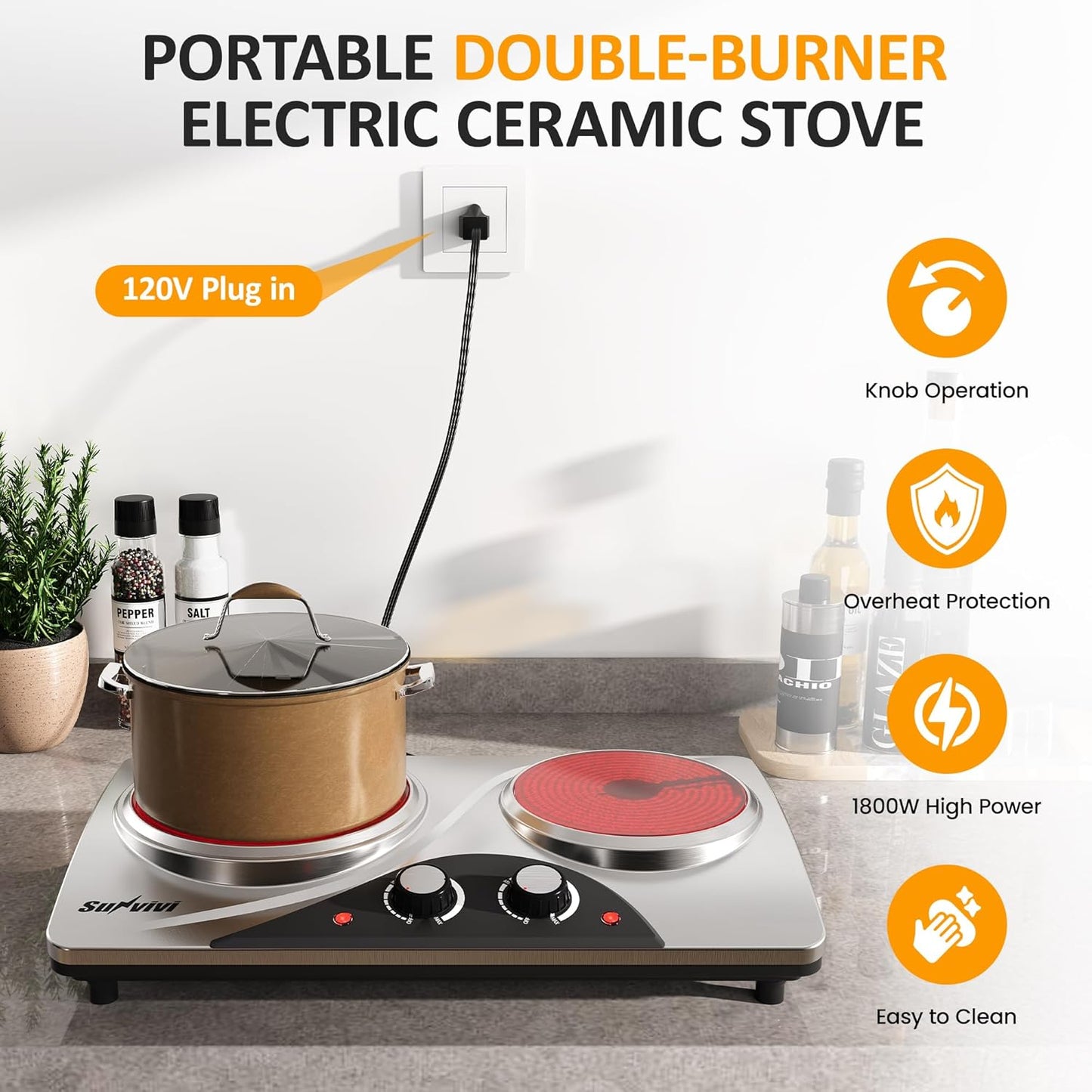 Sunvivi 1800W Dual Burner Portable Electric Ceramic Stove – Knob Control, Indicator Light, Compatible with All Cookware, Ideal for Multiple Cooking Scenarios, Silver